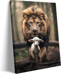 Framed Lion and Lamb Canvas Wall Art | Christian Jesus Lion King Poster for Living Room & Bedroom Decor
