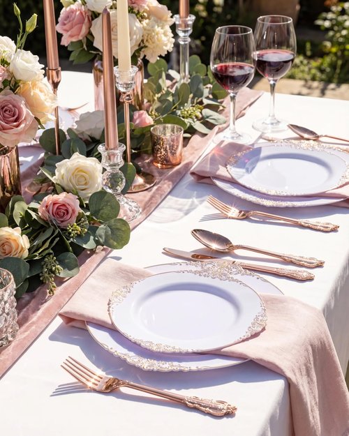 Morejoy 100pcs Plastic Plates - Disposable - 7.5 inch White and Rose Gold Dessert Plates for Weddings & Parties & Shower