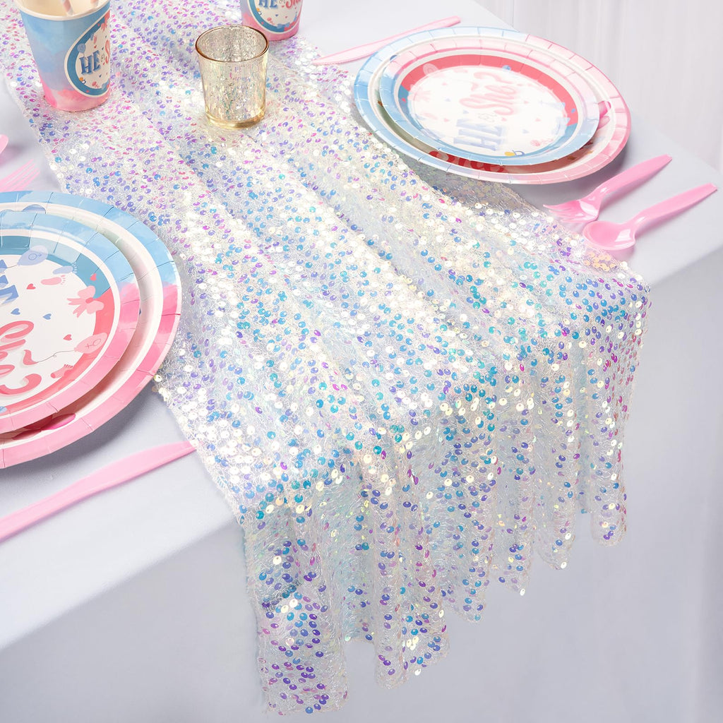 White Table Runner 3 Packs 25x120 Inches Iridescent Sequin Table Runner for Little Mermaid Birthday Ocean Themed Party Decorations