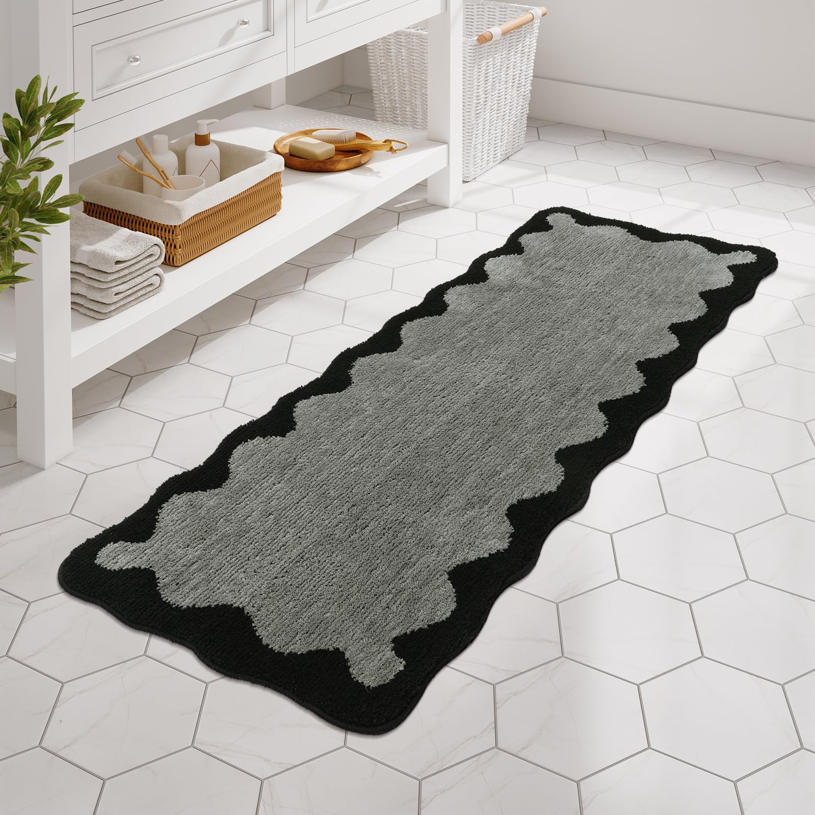 Uphome Bathroom Runner Rug, 24x60 Large Gray Black Absorbent Bath Mat Non Slip Washable, Soft Scalloped Irregular Plush Microfiber Bath Runner for Floor, Bathtub, Sink