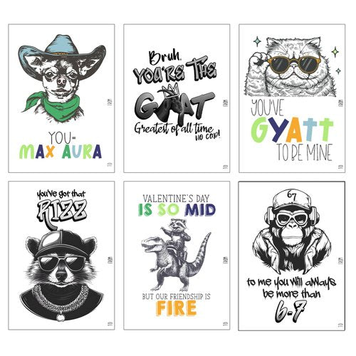 Silly Goose Gifts Animal Retro Hip Hop Slang Themed Valentine's Day Classroom Sharing Card Set of 24, You've Got That Rizz Bruh