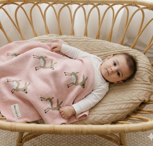 Bleu La La Knit Baby Swaddle Blanket - 100% Cotton Soft Cozy Receiving Swaddle Stroller Blanket for Shower Gift Registry for Newborns, Infants, Toddlers (Deer - Pink)