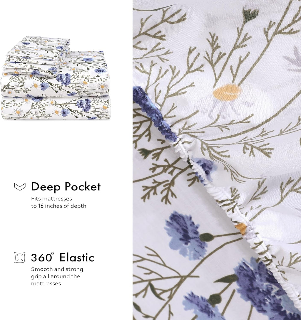 RUVANTI King Size Cotton Sheets - 100% Percale Bedding, Cooling Floral Design, 16" Deep Pocket, 4-Piece Set