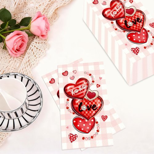 100Pcs Valentine Paper Napkins 3 Ply Red Pink Heart Love XOXO Disposable Absorbent Hand Towels Valentine's Day Decorative Guest Napkins for Wedding Romantic Lunch Dinner Bathroom Party Decorations