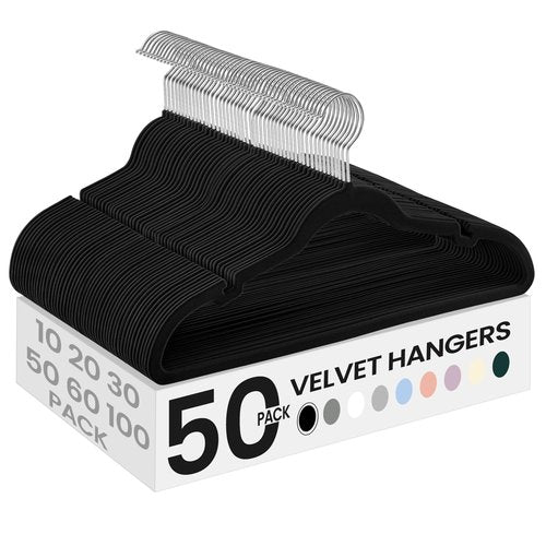 SONGMICS Velvet Hangers 50 Pack, Non-Slip Clothes Hangers, with Shoulder Notches, Pants Bar, 360° Swivel Hook, Space-Saving, for Closet, Ink Black UCRF029B05