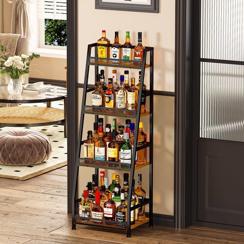 4-Tier Trapezoid Liquor Stand for Home Bar, Stepped Wine Rack Freestanding Floor for Liquor Whiskey Wine, Versatile Corner Wine Bottle Display Stand with Fences, Vintage Brown（Patent Pending）