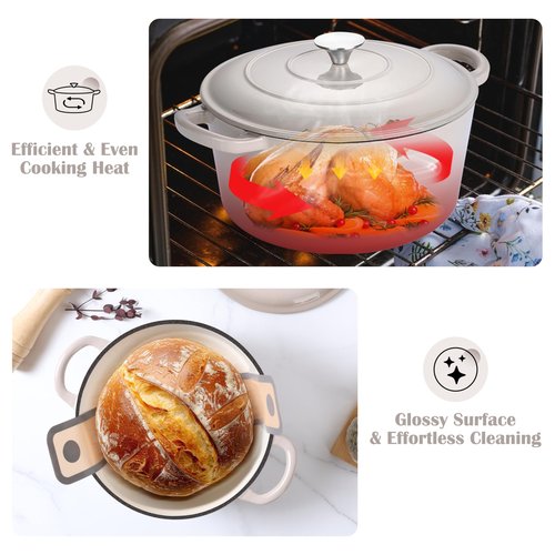 E-far Enameled Dutch Oven Pot for Bread Baking, 6QT Enameled Cast Iron Cookware with Self-Basting Lid & Sourdough Bread Baking Supplies, Heavy Duty Casserole Pot & Dual Handles-Khaki