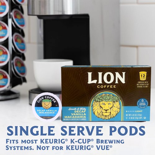 Lion Coffee Swiss Water DECAF Vanilla Macadamia Medium Roast Coffee Pods - Single-Serve Pods - Hawaiian Inspired Flavor - Arabica Coffee - Compatible with Single - Serve Brewing Systems - 12 Count Box