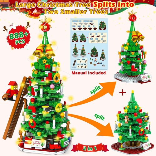 Advent Calendar 2025 Christmas Tree Building Blocks for Adult Kids,24 Day Countdown Calendar Transform Xmas Tree Building Toys with LED Light,888+ Pieces,Christmas Gift for Teen Girls Boys