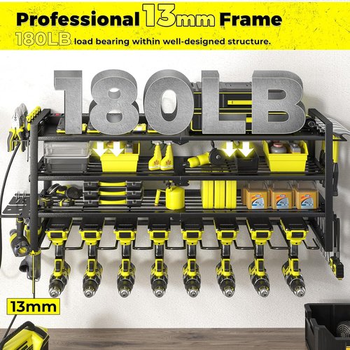 KAFAHOM Power Tool Organizer - Wall-Mounted Storage with Charging Station & 8 Drill Holders | Tool Battery Rack