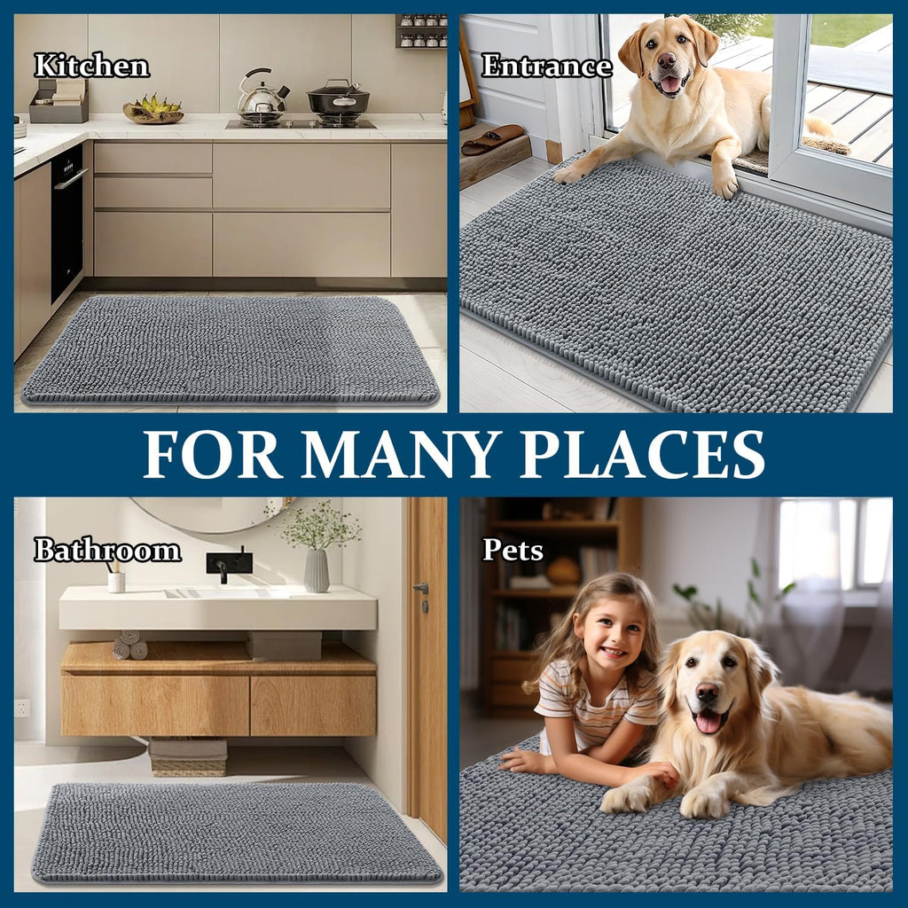 OLANLY Dog Door Mat - Absorbent Non-Slip Chenille Mat for Muddy Paws | 24x16 Inches, Grey