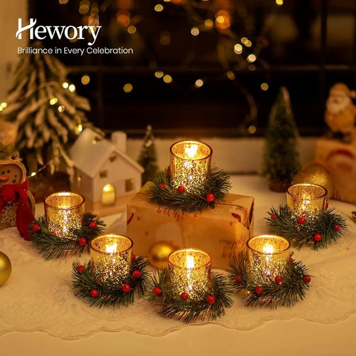 Hewory Tealight Candle Holders - Set of 6 Decorative Gold Xmas Wreath Votives for Holiday Centerpieces