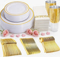 350 Pieces White and Gold Plastic Plates - 50 Guest Dinnerware Set Include 100 Plates, 50 Gold Plastic Silverware, 50 Paper Napkins and 50 Cups for Wedding/Baby Shower/Spring/Birthday/Mother's Day