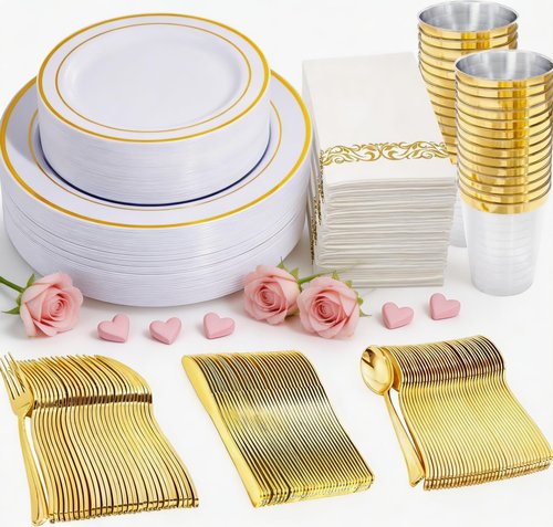 350 Pieces White and Gold Plastic Plates - 50 Guest Dinnerware Set Include 100 Plates, 50 Gold Plastic Silverware, 50 Paper Napkins and 50 Cups for Wedding/Baby Shower/Spring/Birthday/Mother's Day
