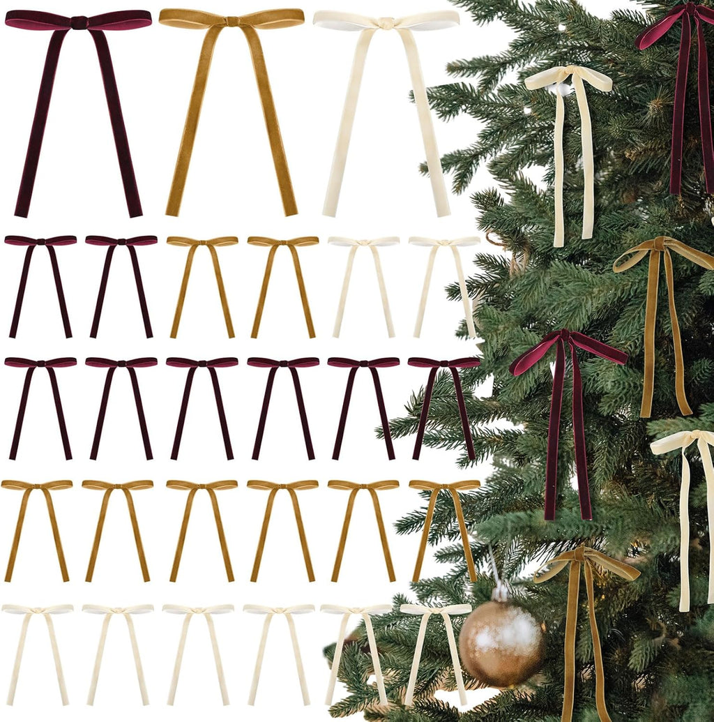 Skiennix 24 Pcs Velvet Bows - Vintage Ribbon Bows for Christmas Tree & Crafts | Burgundy, Khaki, Beige (5 x 7 Inch)