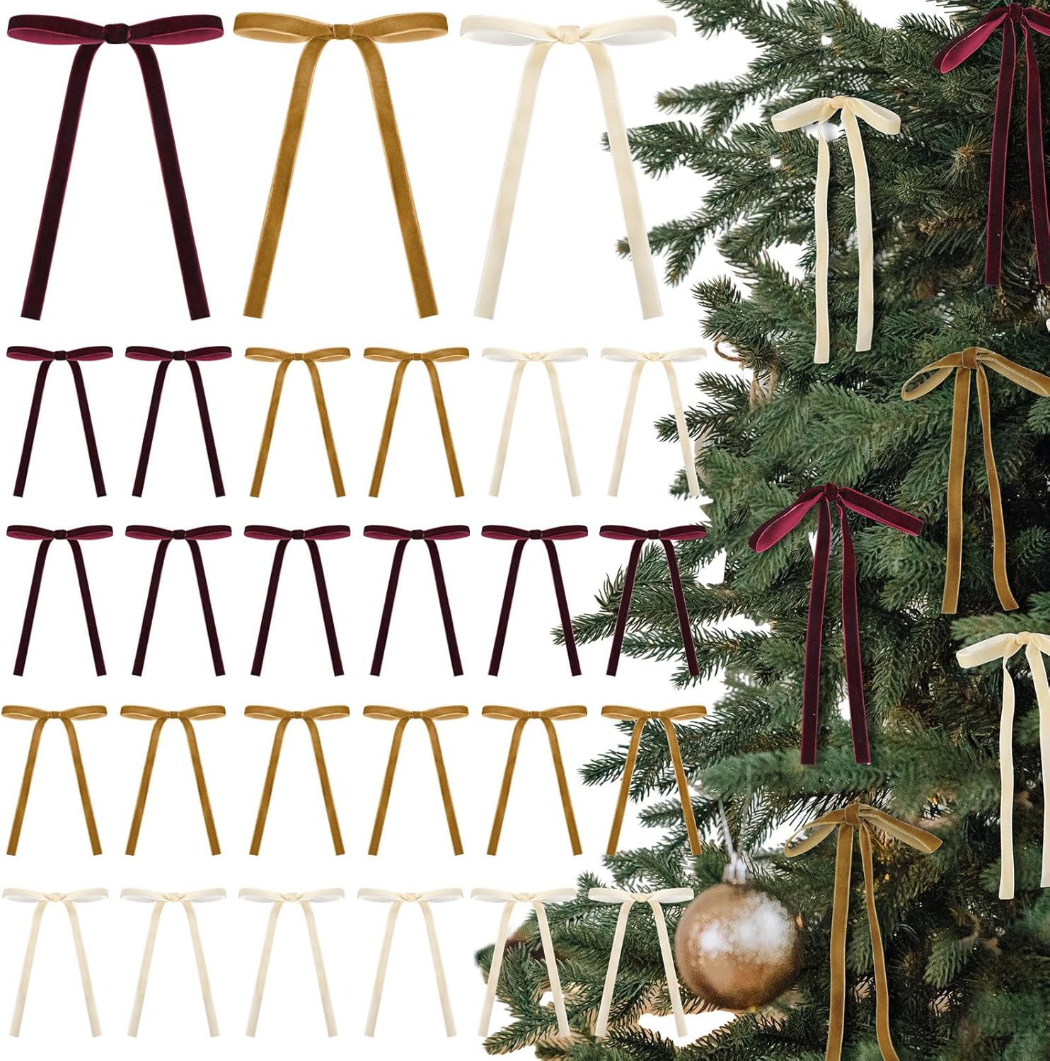 Skiennix 24 Pcs Velvet Bows - Vintage Ribbon Bows for Christmas Tree & Crafts | Burgundy, Khaki, Beige (5 x 7 Inch)