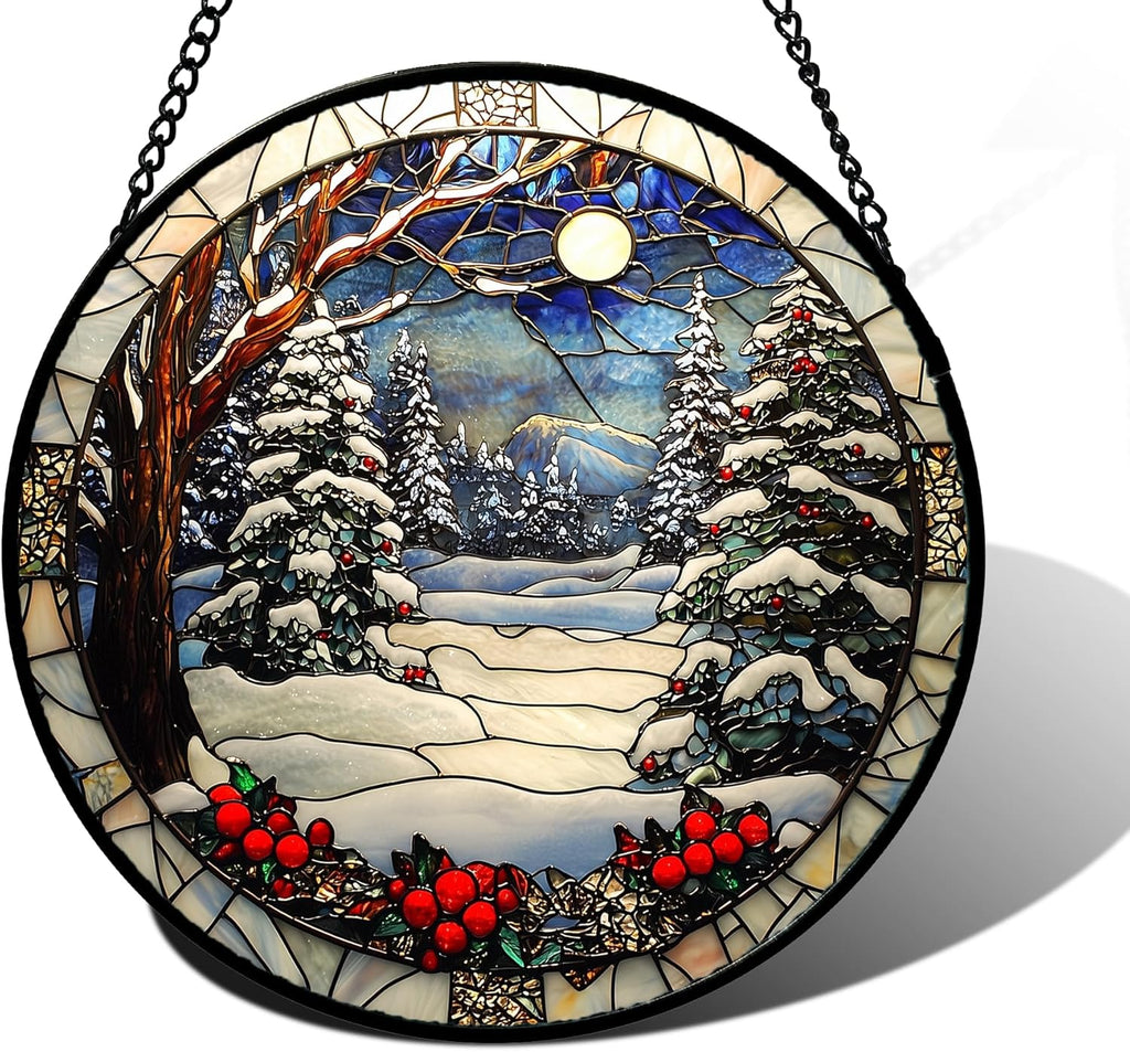 DASTOLL Stained Glass Window Hanging - Winter Snow Night Scenery Suncatcher | 7.8" Home Decor Gift