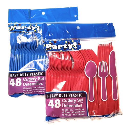 1 OM Blue & Red Team Colors Disposable Silverware Collection - 96 Piece Plastic Cutlery Set - 32 Spoons, 32 Forks, 32 Knives - 1 pack of 48 pieces in each color (Total 96 pieces)