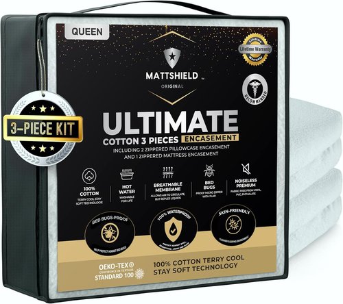 MATTSHIELD Ultimate 3-Piece Bed Bug-Proof Mattress Cover Kit | Queen Size 100% Cotton + 2 Zipper Pillow Protectors