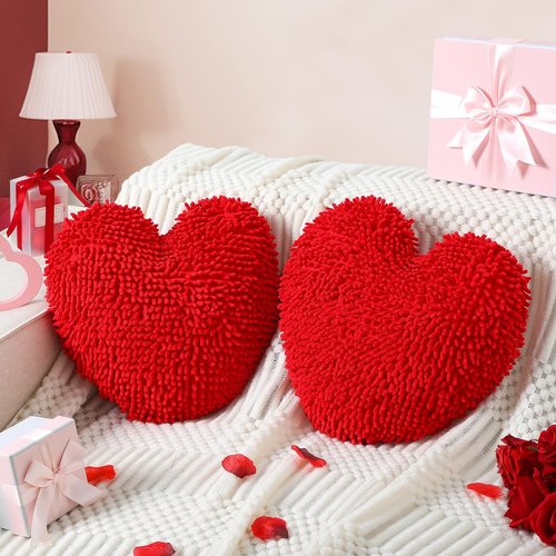 Memorywuu 2 Pcs Valentine's Day Heart Shaped Pillow 14 Inch Heart Chenille Pillow Cushion Plush Soft Throw Cushion with Removable Cover for Sofa Couch Bed Women Valentine's Gifts(Red)