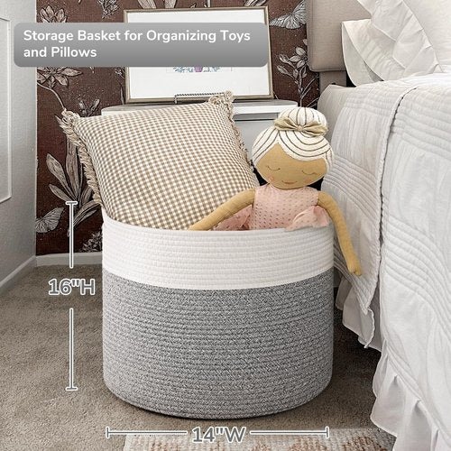 Goodpick Blanket Basket, 15.8"x15.8"x13.8" Woven Rope Basket for Blankets, Kids Toy Storage Organizer Bins, Toy Storage for Nursery, Light & Grey