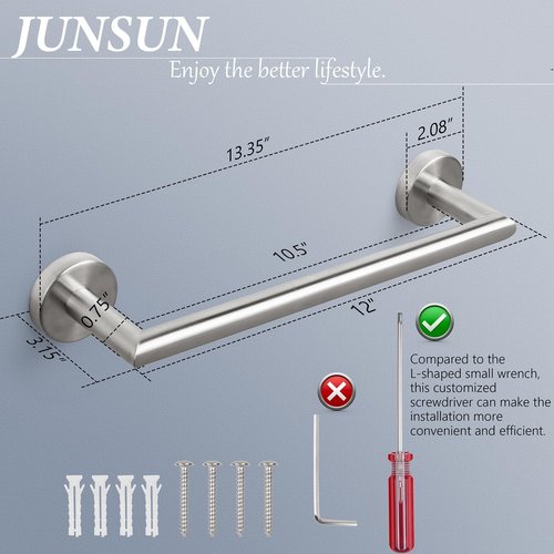 JunSun Bathroom Towel Bar 12 Inch Brushed Nickel Towel Racks Wall Mounted Bath Hand Towel Holder Modern Home Decor Towel Rod Bathroom Hardware Stainless Steel Towel Hanger Silver Towel Rail Single Bar