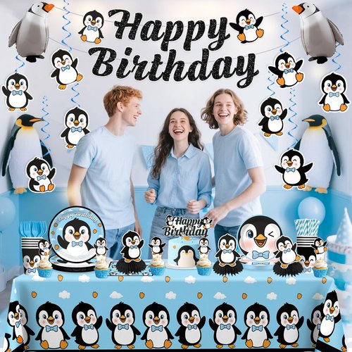 Xynic 179pcs Penguin Birthday Decorations Tableware Complete Party Set, Penguin Party Decorations Serves 25 Guests, includes Penguin-Theme Paper Banner Cake Topper Balloons Plates Napkins Cups, etc