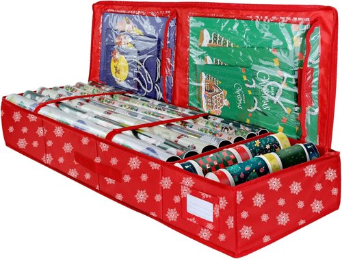 Gift Wrap Storage Organizer by Christmas | Heavy-Duty 600D Underbed Bag with Pockets - Large Size for Holiday Accessories
