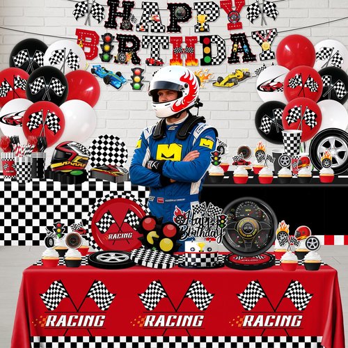 Race Car Birthday Party Decorations,185pcs Cars Birthday Decorations Plates and Napkins Cups Tablecloths,Cake Topper,Balloon for Racing birthday Decorations,Serves 24