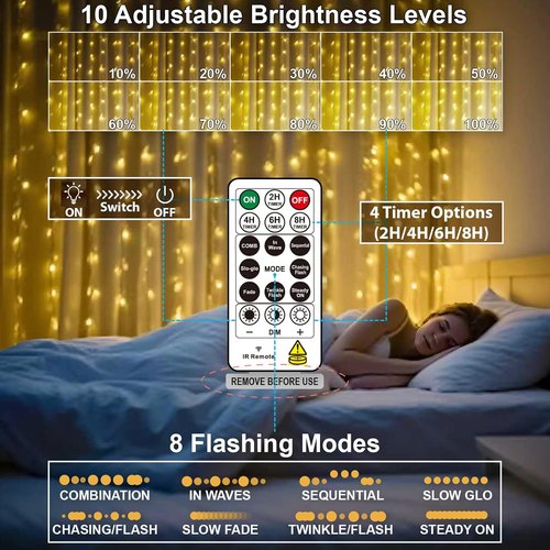 HXWEIYE 300LED Fairy Curtain Lights - 9.8x9.8Ft USB Plug-In with Remote | 8 Modes Warm White Indoor Decor