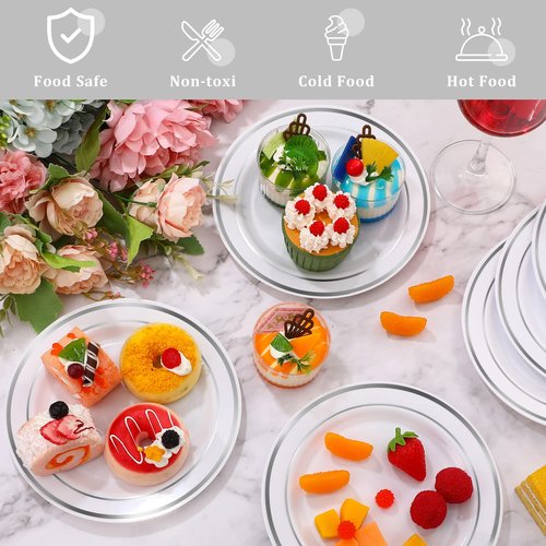 Sieral 200 Pieces Disposable Plates Plastic Party Plates with Rim Hard Plastic Appetizer Salad Dessert 7.5 Inch Elegant Heavy Duty Tableware for Dinner Wedding Party Supplies(Silver Rim)