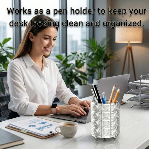 LUGUNU Makeup Brush Holder with Silver Crystal Bling – Elegant Vanity Organizer for Brushes, Pens & Pencils, Ideal for Bathroom or Office Countertop(1Pack)