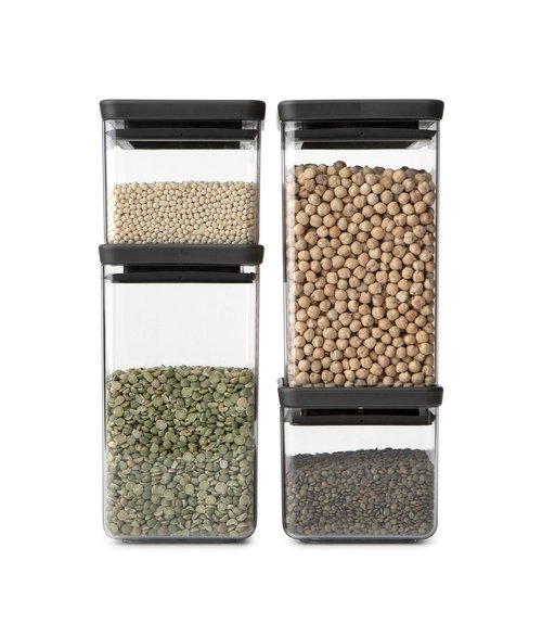 Brabantia Tasty+ 4pc Stackable Food Canisters Set (Dark Gray) 2x 0.7qt & 2x 1.7qt BPA-Free Space-Saving Jars with Silicone Seal Lids for Freshness