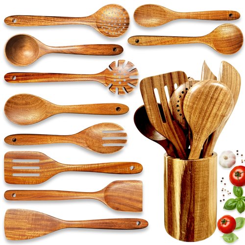 Home Hero Wooden Utensil Set 11 Pcs – Natural Teak Wooden Kitchen Utensils Set with Sturdy, Easy-to-Clean Wooden Spoons for Cooking – Non-Scratch Teak Cooking Utensils (11 pcs)
