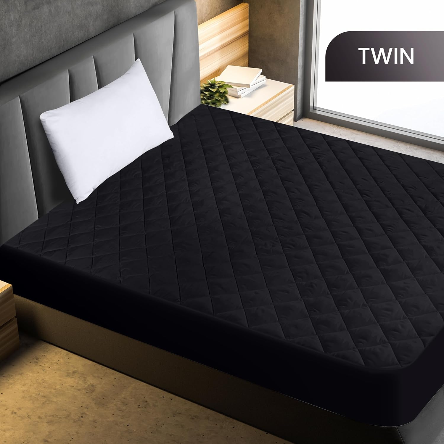 Utopia Bedding Quilted Fitted Mattress Pad - Twin Size Deep Pocket Protector | Machine Washable (Black)