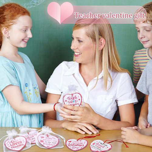 Vercraft 36 Pcs Valentines Day Teacher Appreciation Gift Bulk 12 Ceramic Pink Heart Ornament 12 Red Rope 12 Organza Bag Valentines Daycare Teacher Thank You Gift for Women Kindergarten Preschool Favor