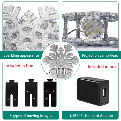 Christmas Tree Topper Projection Light with 3 Animated Projection Modes,Christmas Tree Decoration with LED Rotating Magic,3D Glitter Dynamic Projection,Silver Snowflake Christmas Tree Star.