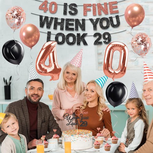 Yatufom 40th Birthday Decorations for Women, Pre-Strung 40 Is Fine When You Look 29 Banner, Number 40 Balloons Cake & Cupcake Toppers Party Supplies Kit, 40 Year Old Birthday Party Decorations