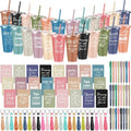 Hollowfly 24 Sets / 96 Pcs Inspirational Gifts Bulk for Employee Appreciation, 24 oz Plastic Cups and Pens Notebooks Keychains Set, Group Gifts for Office Staff Coworkers (Morandi)