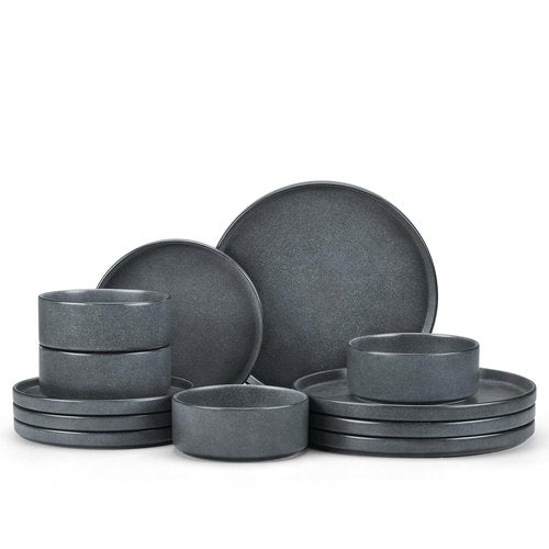 E-far Stoneware Dinnerware Sets for 4, 12-Piece Reactive Glaze Plates and Bowls Sets, Kitchen Ceramic Dishes Dinning Ware, Microwave & Dishwasher Safe, Deep Gray