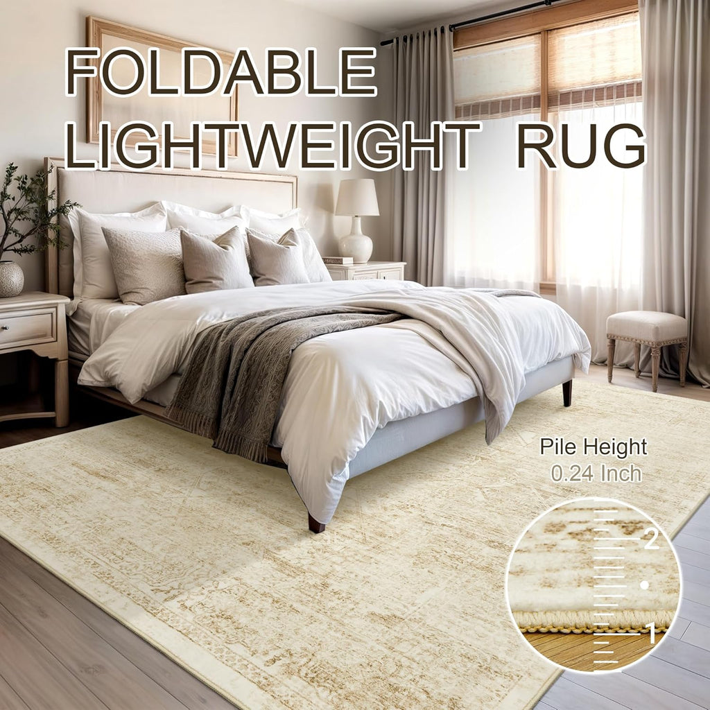 Soalmost Washable Area Rug - Vintage Beige 8x10 Soft Non-Slip Rug for Living Room & Bedroom