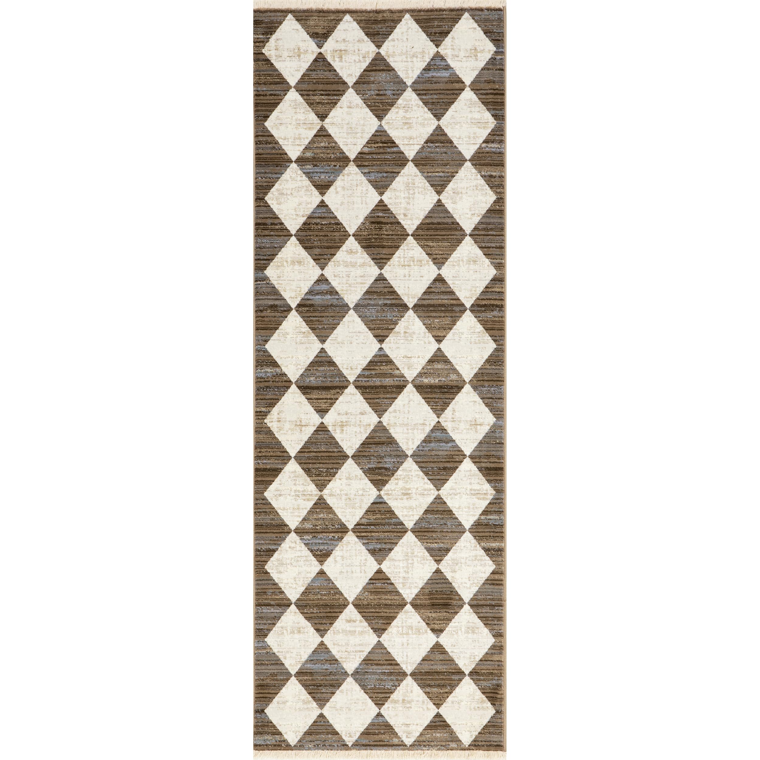 Nuloom Fringed Performance Meline Beige/Blue/Ivory, 2'8" x 7'10", Checkered, Soft and Cozy, High Traffic, Stain Resistant, Easy Clean, Durable Runner for Bedroom, Living Room, Dining, Den, Foyer
