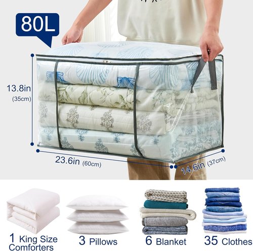 MKOKYD 80L Clear Storage Bag - Foldable Organizer for Clothes, Blankets & Comforters | Sturdy Handles & Zippers