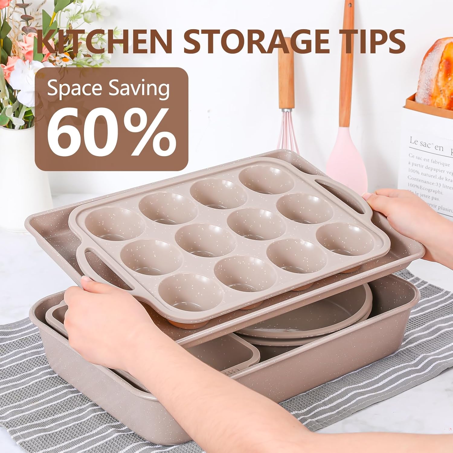 Vinino Nonstick 6-Piece Baking Pans Set - Silicone Muffin, Loaf & Cake Pans with Metal Reinforcement | Carbon Steel Roasting Pan & Cookie Sheet