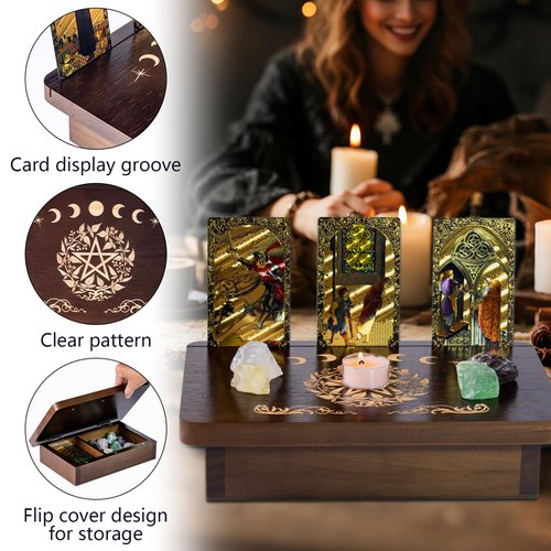 zyrnathar Wood Altar Table,Meditation Table with Storage Space and Tarot Card Holder,Tabletop Carved Sun and Moon Pattern Witchcraft Home Decor for Witchcraft Supplies, Divination, Prayer (A)