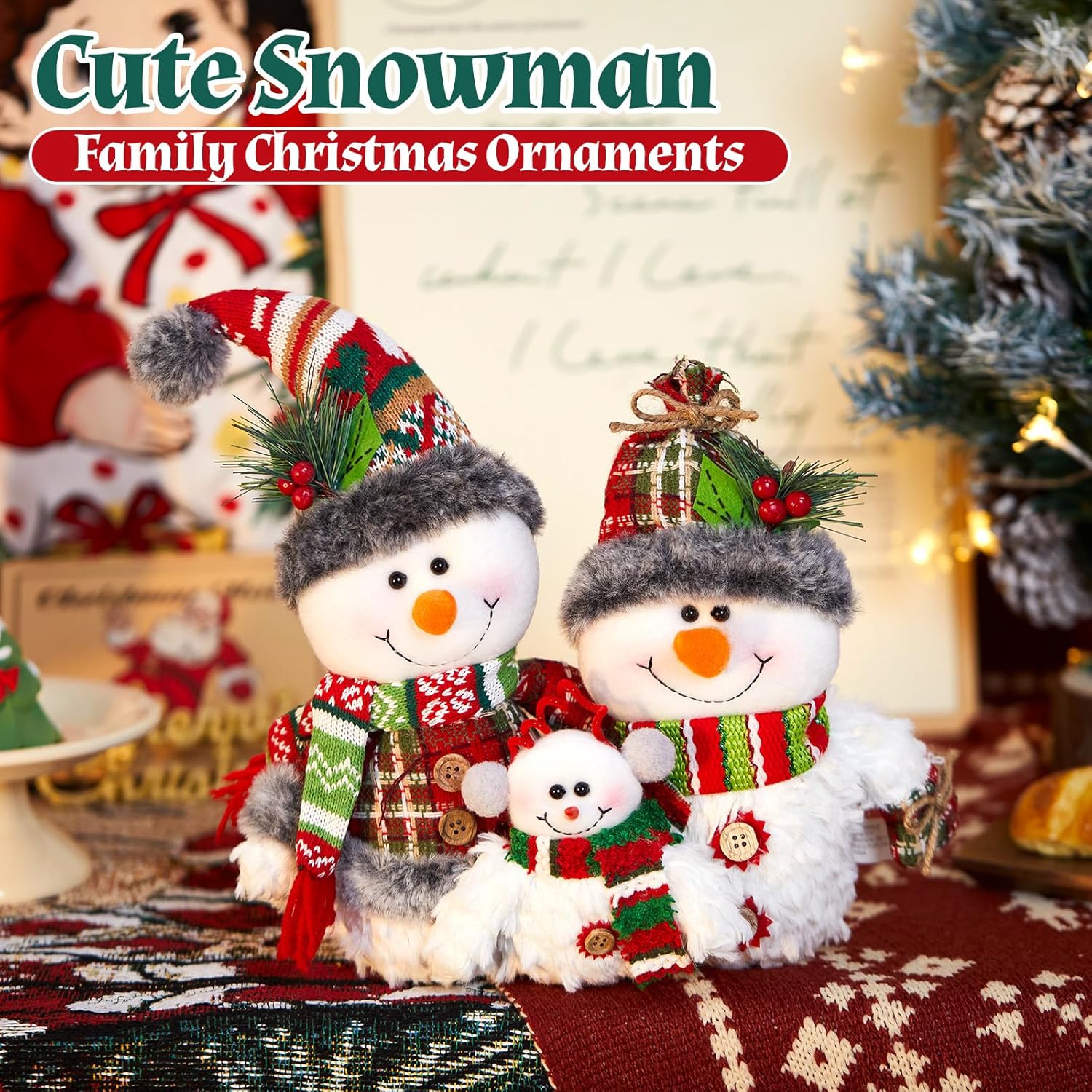 WEWILL 12'' Christmas Snowman Figurine - Cozy Family Tabletop Decor for Holiday Cheer
