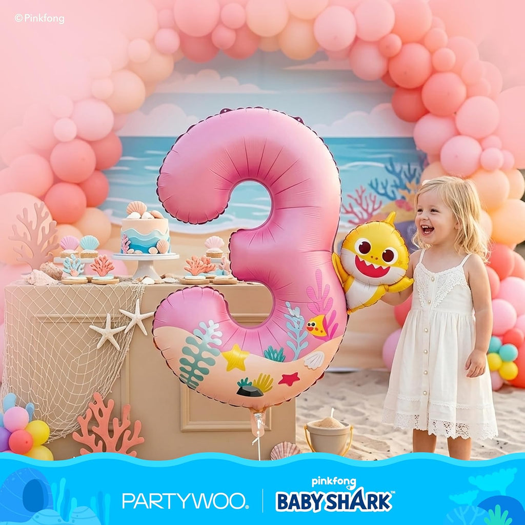 PartyWoo Baby Shark Pink Foil Number 3 Balloon - 40 Inch Mylar Helium Birthday Decoration for Kids