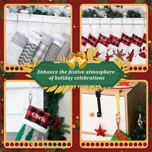 Edoneery Christmas Stocking Holder for Mantle Fireplace, Non Slip Silicone Pad Mantel Stocking Hangers for Shelves, Hanging Decorations Hooks for Family Xmas Holiday Party (Black, 4)