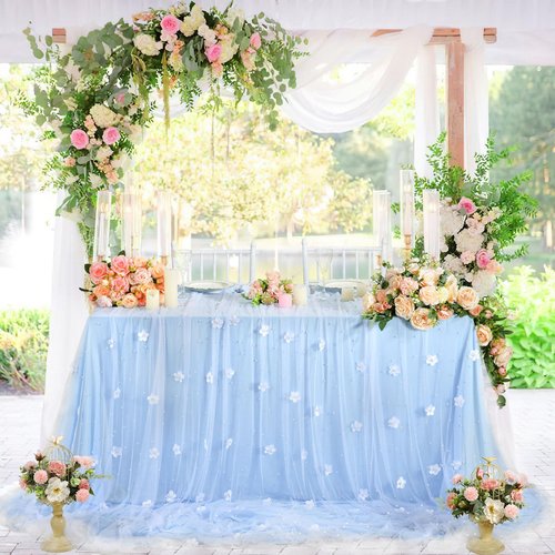 10Pcs 10ft White Pearl Tulle Tablecloth: Flower Pearl Table Runner Tulle Fabric Wedding Table Cover for Bridal Shower Veil Dessert Sweetheart Ceremony Lace Table Decorations