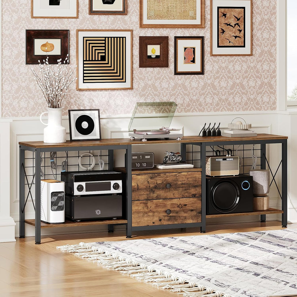 YATINEY TV Stand with Power Outlet Up to 70 Inch, Entertainment Center with 2 Fabric Drawers, TV Console Table with Open Storage Shelves for TVs, Cable Management, for Living Room, Bedroom, DS16UBRY1